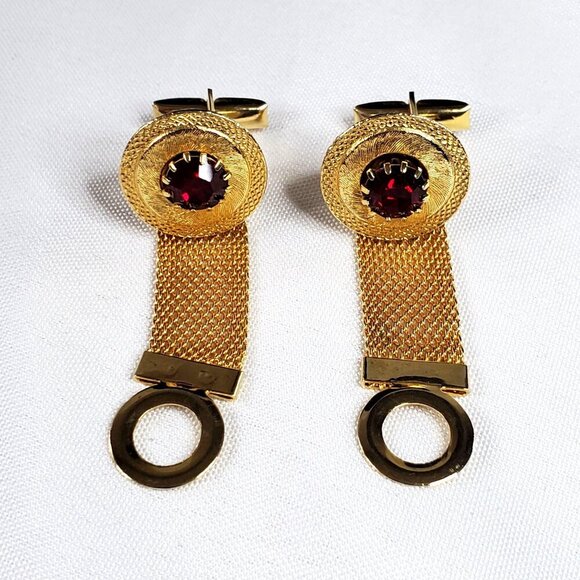 Other - Vintage Gold Tone Mesh Wrap Around Red Faceted Rhinestone Cuff Links